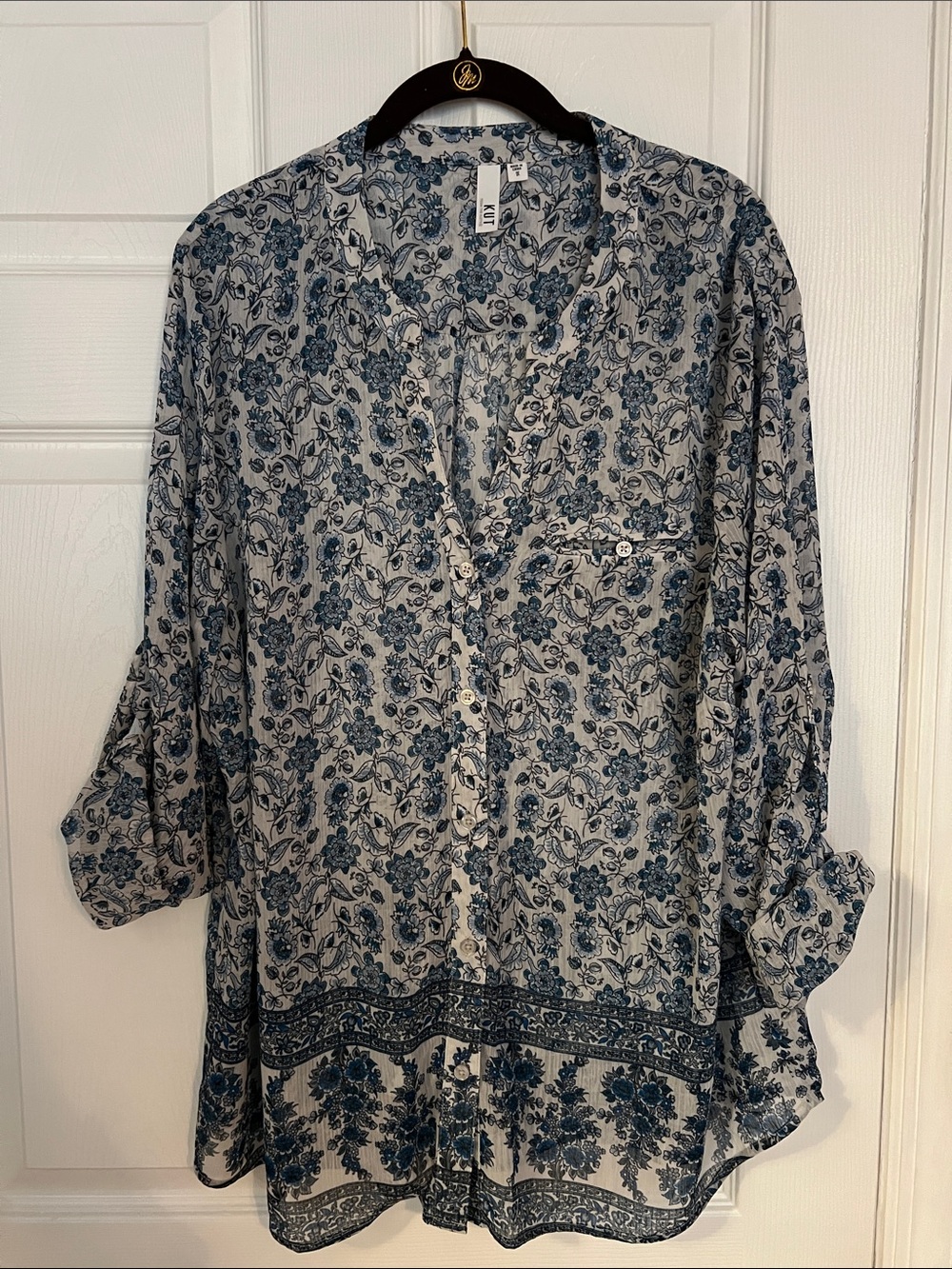 KUT From The Kloth Lightweight Blue Floral Button-Up Blouse NWOT